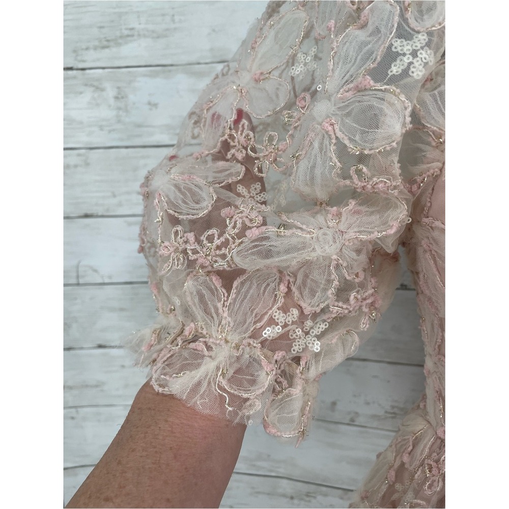 In February Blush Floral Embroidered Midi Dress Puff Sleeve Size Small Fairycore - Picture 4 of 10
